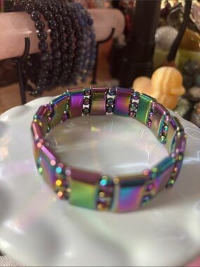 Rainbow Hematite Iridescent Tile Stretch Bracelet